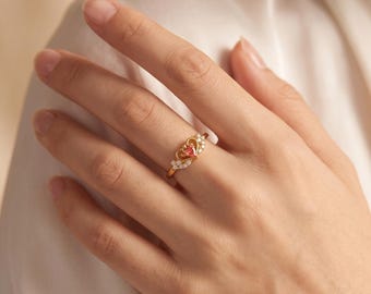 Romantic 14K Gold Heart CZ Ring, Heart Pink CZ Stone Ring with Surrounding Clear CZs, Dainty Adjustable Promise Band, Romantic Ring