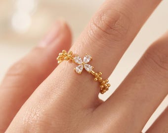 Dainty Gold Flower Open Adjustable Ring, Boho Marquise CZ Cut Ring, Delicate Vintage Stacking Ring, Open Wedding Ring, Gift for Her