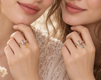Elegant 14K Gold CZ Birthstone Open Band Ring, Marquise Cut Purple CZ Flower Ring, Dangling Charm Ring, Minimalist Family Ring, Gift for Mom