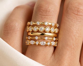 Dainty Gold Stacking Ring Set, CZ Diamond Ring, Minimalist Thin Gold Ring, Delicate Ring Set for Her, Layering Rings, Custom Ring Stack