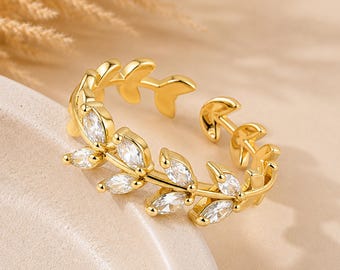 14K Gold Dainty Marquise Cut  Leaf Ring, CZ Filigree Open Band Ring, Fairy-style Leaf Vine Stack Ring, Gift for Her