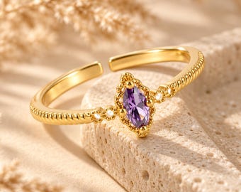 Vintage Marquise Purple Stone Open Ring, Waterproof Adjustable Stacking Ring, Open Wedding Band, Purple Crystal Ring, February Birthstone