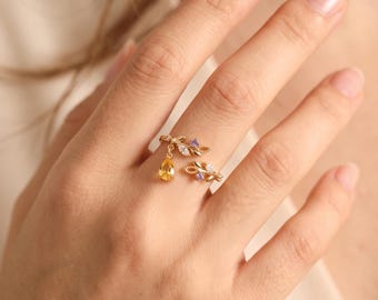 Personalized Birthstone Ring, Custom Family Birthstone Ring for New Mom, Birthday Pear CZ Open Gap Ring, Unique Birthstone Ring Gift for Kid