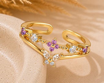 Purple CZ Stone Double V Open Ring, 14k Gold Butterfly Adjustable Band Ring, Fairy Ring, Minimalist Stacking Open Ring, Gift for Her