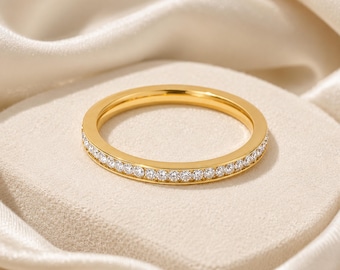 Dainty 18k Tarnish-Free Gold Diamond Ring, Full Eternity Band Ring, Wedding Promise Ring for Her, Minimalist Stacking Ring, Bridesmaid Gift
