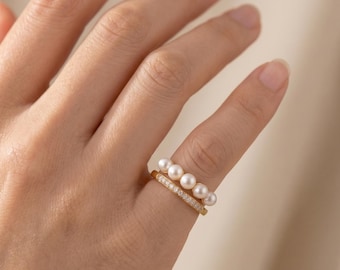 Anel de pérola verdadeira com diamante, anel duplo ajustável em ouro 14k, anéis para usar em conjunto, anéis minimalistas, anel feito à mão para mulheres, presente para ela.