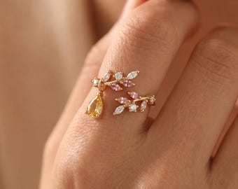 14K Gold Floral Birthstone Open Ring, Pear Cut CZ with Birthstone Months, Adjustable Custom Ring, Vintage Jewelry, Mother Daughter Ring Gift