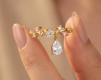 Dainty Teardrop CZ Birthstone Ring, 12 Colors for Birthstone Months Adjustable Ring, Delicate Flower Statement Ring, Jewelry Gift for Mom