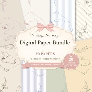 Op de afbeelding: Een digitaal papierpakket met twintig vellen met vintage kinderkamerthema's. De collectie bevat tien kleuren en effen versies, elk 25,4x25,4 cm op 300 DPI. De ontwerpen tonen lijntekeningen van lammetjes, bloemen en strepen met een roze strik.