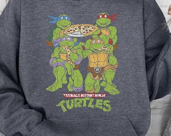 Vintage Turtle Graphic Hoodie Retro 90s Cartoon Sweatshirt Funny Pizza Graphic Oversized Cozy Hoodie