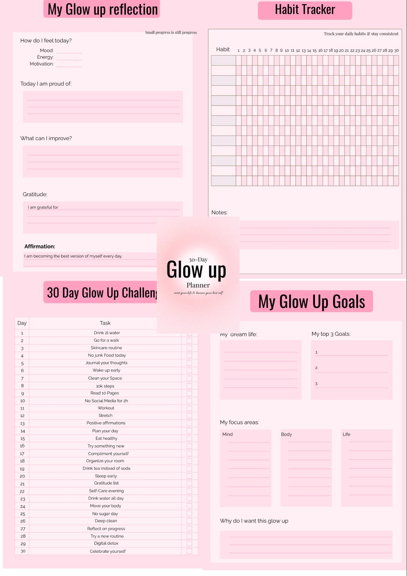 Glow up Planner Printable | 30 Day Glow up Challenge | Self Improvement ...