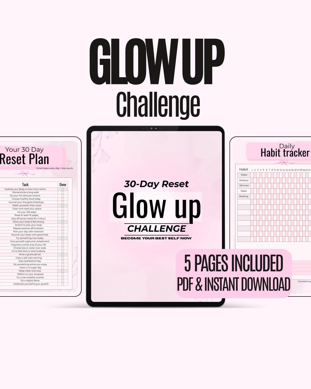 30 Day Glow up Challenge Printable | Self Improvement Reset Planner ...