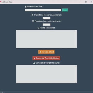 Może przedstawiać: Zrzut ekranu interfejsu aplikacji "AI Shorts Maker". Ciemnoniebieski interfejs zawiera pola wprowadzania tekstu, przyciski z etykietami "Browse", "Create Short" i "Generate Top 3 Highlights" oraz obszary tekstowe do wyboru pliku wideo i wklejania transkryptów.