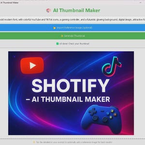 Może przedstawiać: Zrzut ekranu interfejsu Shotify AI Thumbnail Maker. Obraz zawiera żywą grafikę z tekstem "SHOTIFY - AI THUMBNAIL MAKER" i niebieskim kontrolerem do gier. Widoczne są również ikony YouTube i TikTok na tle świecącego, kolorowego tła.