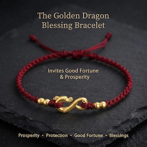 Puede incluir: Una pulsera de cordón trenzado rojo con un dije de dragón de color dorado en el centro y pequeñas cuentas doradas. El texto en la imagen dice: The Golden Dragon Blessing Bracelet, Invites Good Fortune & Prosperity, Prosperity, Protection, Good Fortune, Blessings.