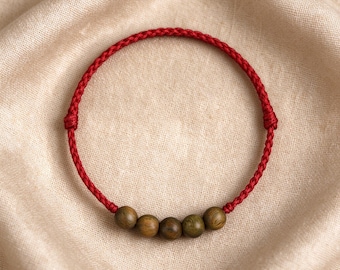 Green Sandalwood Red String Bracelet, Adjustable Wooden Bead Jewelry, Good Luck Protection Bracelet, Fortune Turning Beads, Handmade Gift