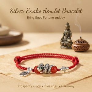 May include: A red braided cord bracelet featuring a central silver-toned snake charm with green eyes, flanked by two round red beads and silver-toned accents. The bracelet includes a small silver-toned rectangular charm with engraved text.