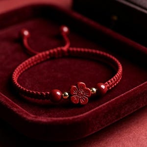 May include: A red braided cord bracelet featuring a central carved red flower bead flanked by two smaller red spherical beads and two tiny gold-toned metallic beads. The bracelet has an adjustable sliding knot closure with two dangling cord ends.
