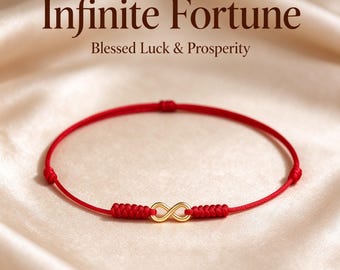 Puede incluir: Una pulsera de cordón rojo con un símbolo de infinito dorado en el centro, flanqueado por nudos trenzados. El texto Infinite Fortune, Blessed Luck & Prosperity y Hand-braided Adjustable Size es visible.