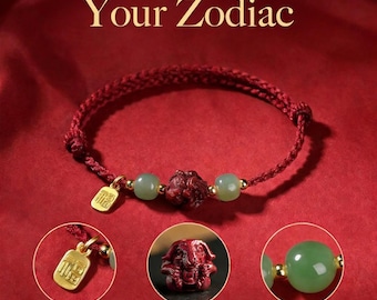 Pulsera de hilo rojo del zodíaco, dije de animal de cinabrio, cuentas de jade, amuleto de la suerte Fu, pulsera protectora ajustable, nudo hecho a mano, regalo para ella o para él.