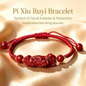 May include: A red string bracelet featuring a central carved red Pi Xiu Ruyi charm, flanked by two small red beads with gold accents. The bracelet has an adjustable knot closure with two dangling red beads. Text reads: Pi Xiu Ruyi Bracelet.