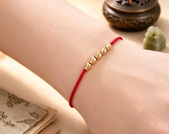 Five Element Red String Bracelet, Gold Plated Alloy Bean Protection Jewelry, Ben Ming Nian Zodiac Gift, Adjustable Woven Cord Wristband