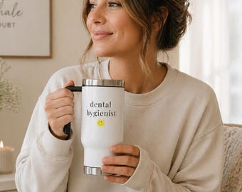 Taza de viaje para higienistas dentales, taza de café de acero inoxidable de 414 ml con asa, tapa antiderrame, bonito regalo dental, taza de café para higienistas dentales.