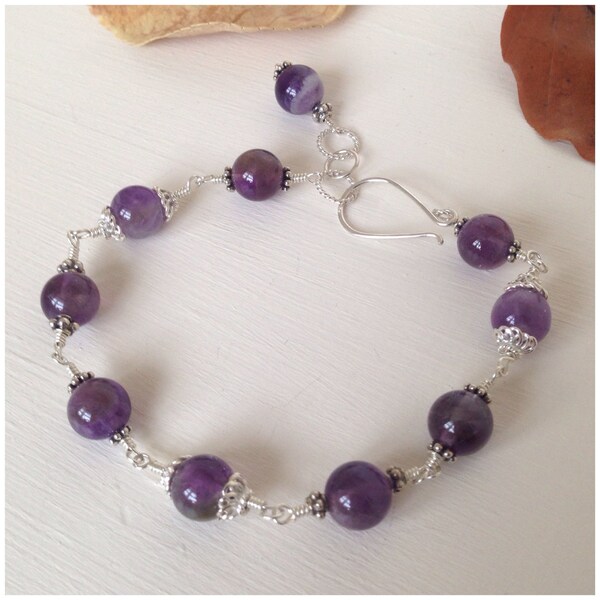 Sterling Silver Amethyst Bracelet with Handmade Bali Beads