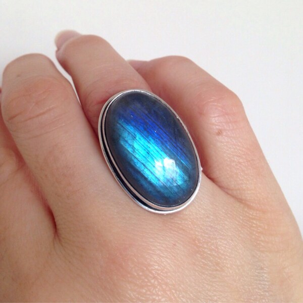 Handmade Blue Flash Labradorite Ring Fine and Sterling Silver Size 6 1/2 /M Statement Ring