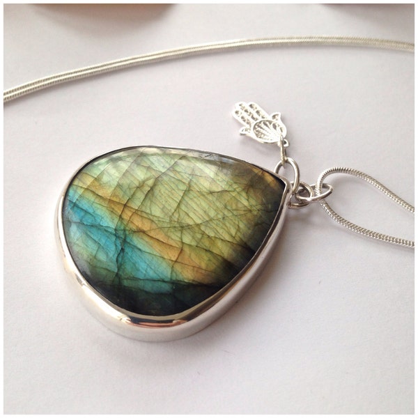 Handmade Labradorite Pendant Fine Silver and Sterling Silver Unique With Hamsa Hand Charm Hand of Fatima