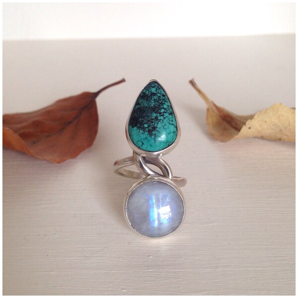 Fine and Sterling Silver Double Bezel Turquoise And Rainbow Moonstone Ring