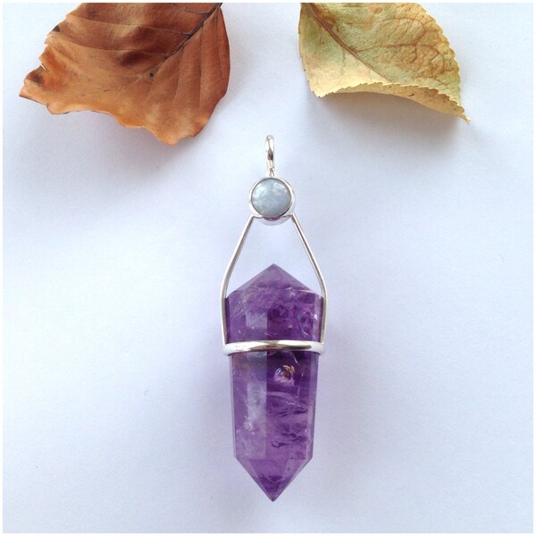 Sterling Silver 12 Sided Vogel Cut Amethyst Point Pendant with Moonstone