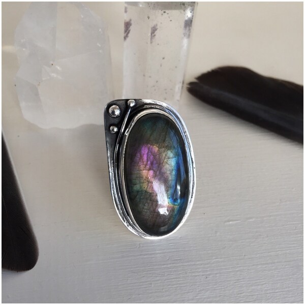 The Power of Purple - Handmade Purple Flash Labradorite Ring Fine Silver and Sterling Silver Size 7 Uk O Statement Ring