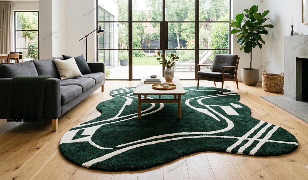Hand Tufted Wool Abstract Green Rug, Irregular Organic Shape Carpet ...