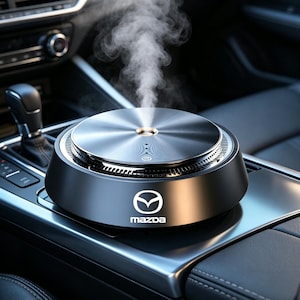 May include: A black and silver car air freshener with the Mazda logo. The device is emitting a plume of vapor. The air freshener is sitting on a console inside a car.