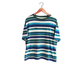Made in USA Size XL Vintage 90's Unionbay Horizontal Stripes White Blue & Green Original Color-Blocking T-shirt