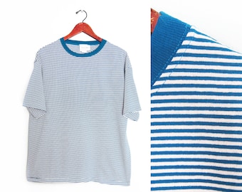 vintage t shirt / striped t shirt / 90s striped shirt / 1990s deadstock blue striped baggy t shirt Large