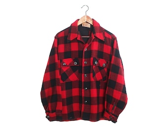 Buffalo plaid jacket / 50s wool jacket / 1950s Niagara red buffalo plaid wool hunting CPO jacket Large