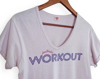 70s t shirt / Jane Fonda shirt / 1970s Jane Fonda's Workout Hanes v neck fitness t shirt Small