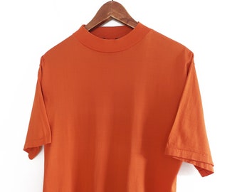 mock neck t shirt / 60s t shirt / 1960s orange cotton mock neck short sleeve single stitch t shirt Medium