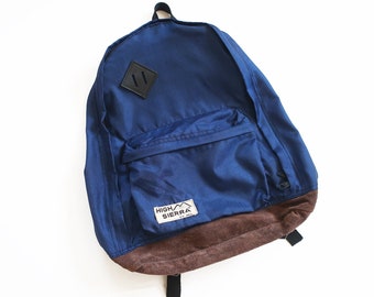 vintage backpack / vintage hiking / 1970s High Sierra blue nylon brown suede bottom book bag hiking backpack