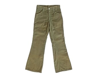 corduroy pants / vintage bell bottoms / 1960s Sears army green corduroy pants bell bottom flares 27