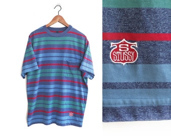 vintage Stussy shirt / striped t shirt / 1980s Stussy multi color striped pocket t shirt Large