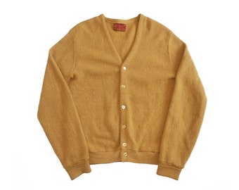 vintage cardigan / mustard cardigan / 1960s Sears fuzzy wool alpaca knit mustard Kurt Cobain cardigan Medium