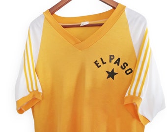 vintage Texas jersey / El Paso shirt / 1980s El Paso Ham striped yellow v neck ringer jersey shirt Large