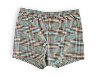 vintage plaid shorts / 60s swim shorts / 1960s blue brown plaid elastic waist swim trunks shorts Large