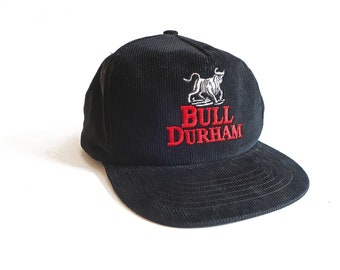 corduroy snapback / cigarette hat / 1990s Bull Durham black corduroy cigarette tobacco snapback hat cap