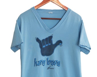 Hang Loose camicia / maglietta Hawaii / azzurro anni '80 Hang Loose Hawaii Shaka maglietta con scollo a V Medium
