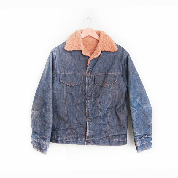 vintage denim jacket / shearling lined / raw denim / 1970s shearling lined denim jacket Small