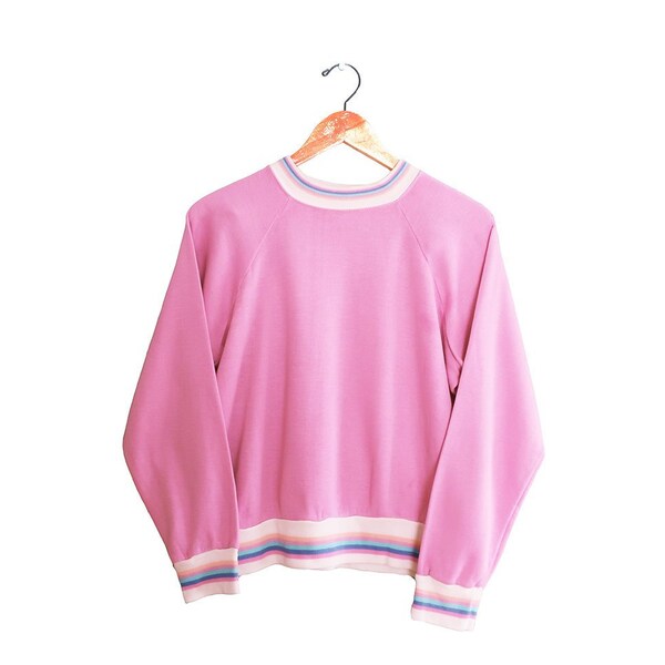 vintage sweatshirt / raglan sweatshirt / kawaii sweatshirt / 1980s pink striped raglan kawaii sweatshirt Medium
